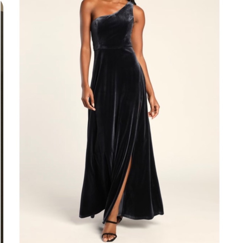 Dark Navy One-Shoulder Velvet Maxi Dress